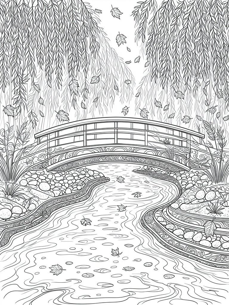 A black and white line drawing of an arched bridge over a stream with willow trees, rocks, and falling leaves.