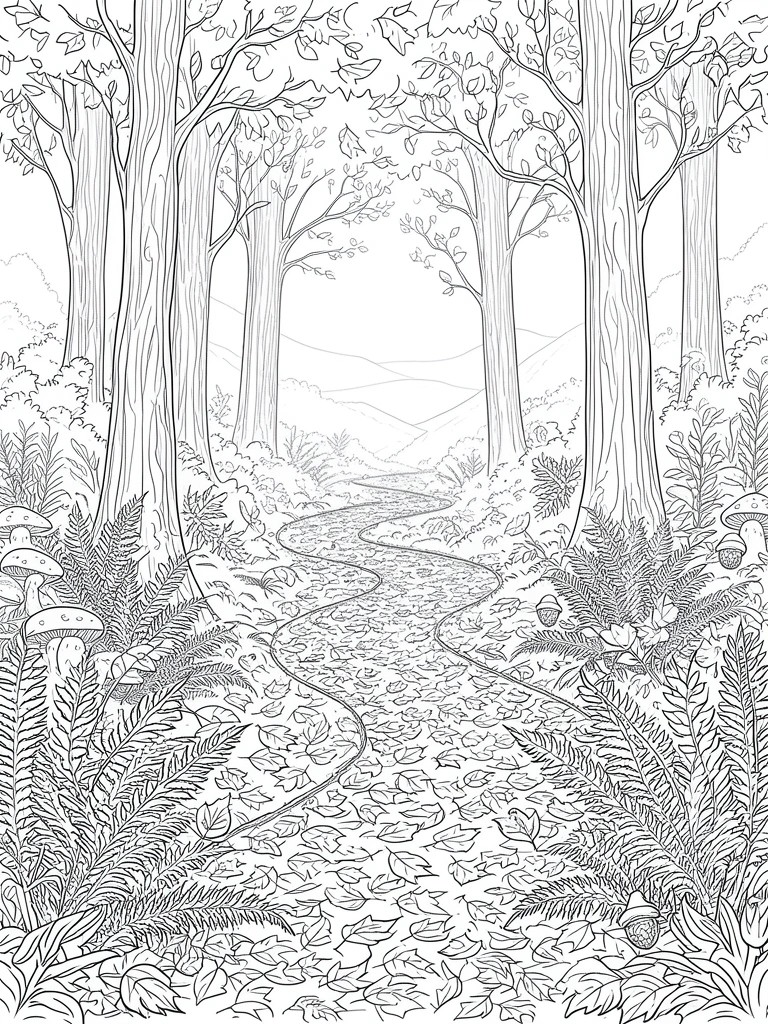 Black and white line art of a winding leaf covered path through tall trees with ferns, mushrooms, and acorns in the foreground.