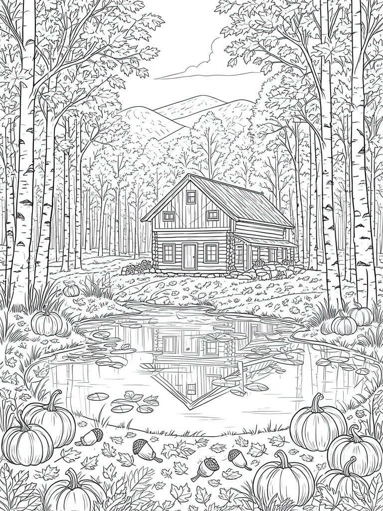 Line drawing of log cabin by forest pond with pumpkins and autumn leaves.