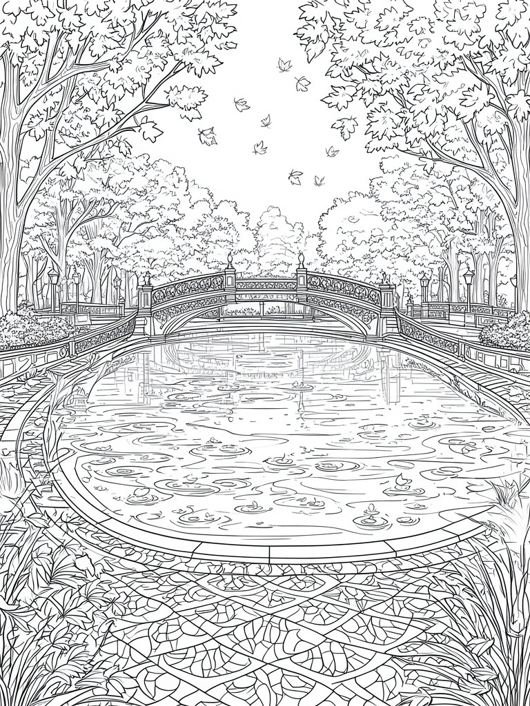 Black and white line drawing of a park scene with a bridge over a pond, trees on both sides, and leaves falling onto rippled water.