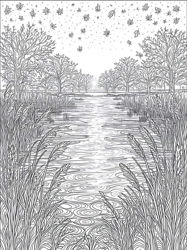 Black and white line drawing of river amid reeds, trees, falling leaves, and sun rays.