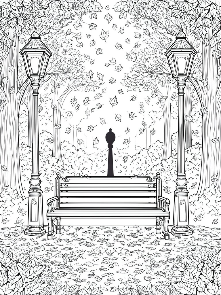 Line drawing of park bench between ornate lampposts amid falling autumn leaves