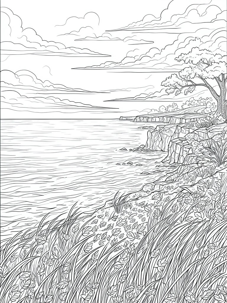 A black and white line drawing of a coastal landscape with cliffs, water, foreground grass, trees, and clouds.