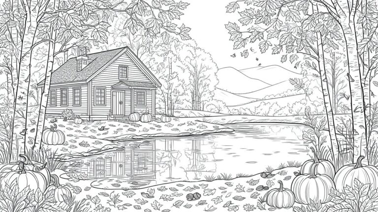Line drawing of log cabin by forest pond with pumpkins and autumn leaves.