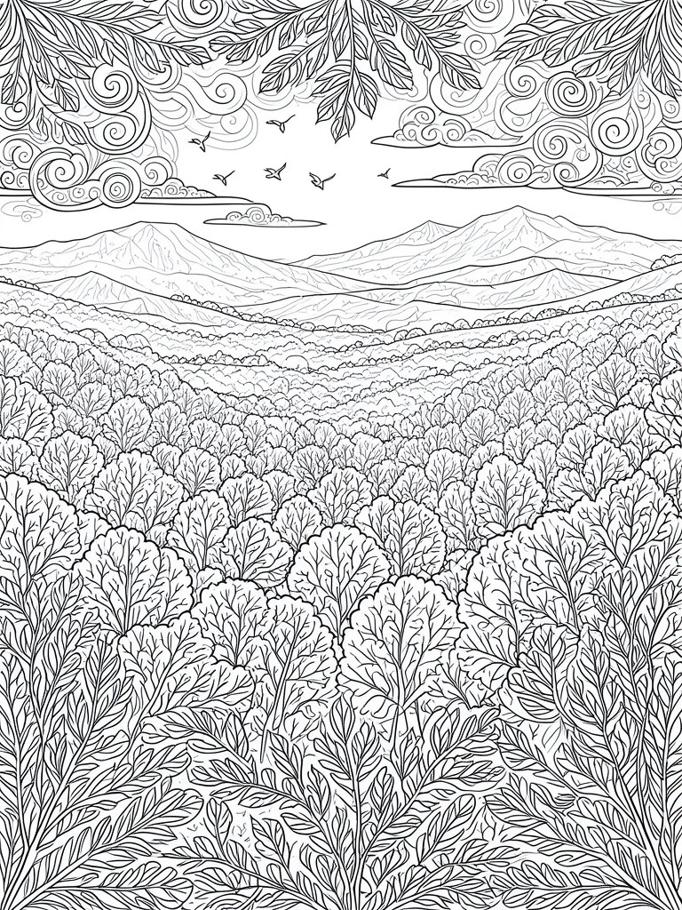 A black and white line drawing of a wide landscape with dense trees on rolling hills, distant mountains, swirling clouds, and birds in the sky.