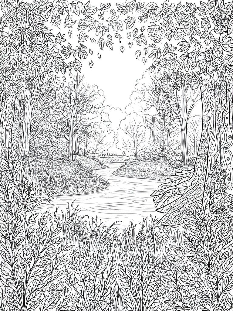 Line drawing of winding stream through dense forest with trees and foliage.