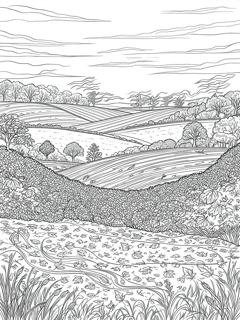 Black and white line art of rolling hills, trees, fields, and winding stream.