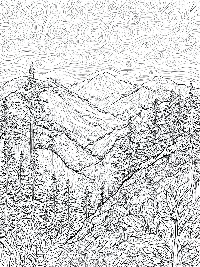 Intricate black-and-white line drawing of mountains, pine trees, and swirling sky patterns.