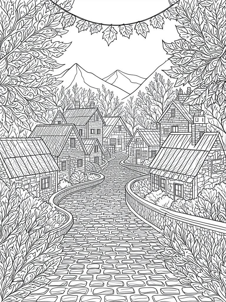 Coloring page of leaf-framed cobblestone path curving past stone houses toward mountains.