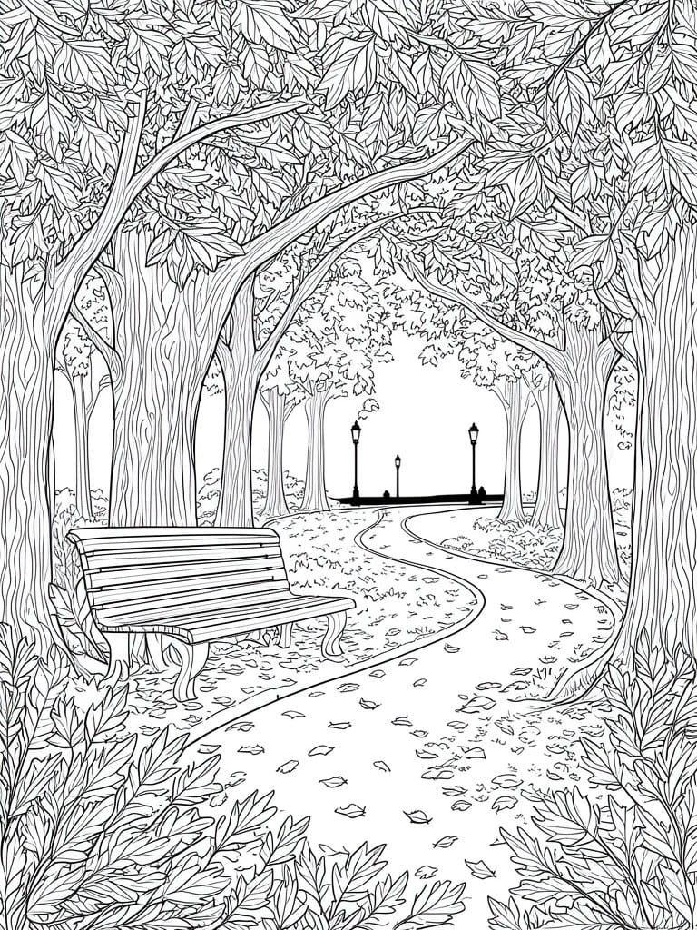 Line art of park bench beside winding path under leafy trees with lampposts.