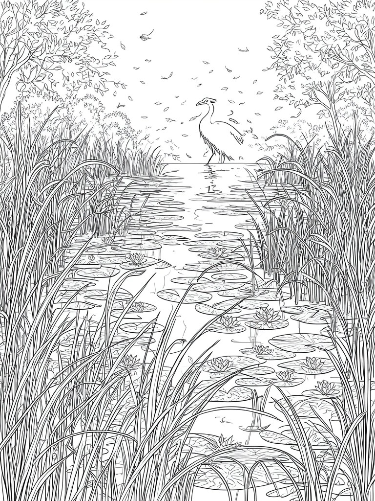 Black and white line drawing of a pond with lily pads, a tall bird in the water, reeds on both sides, trees, and falling leaves.