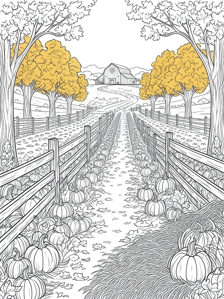 Pumpkin patch along fenced path to barn amid yellow autumn trees.