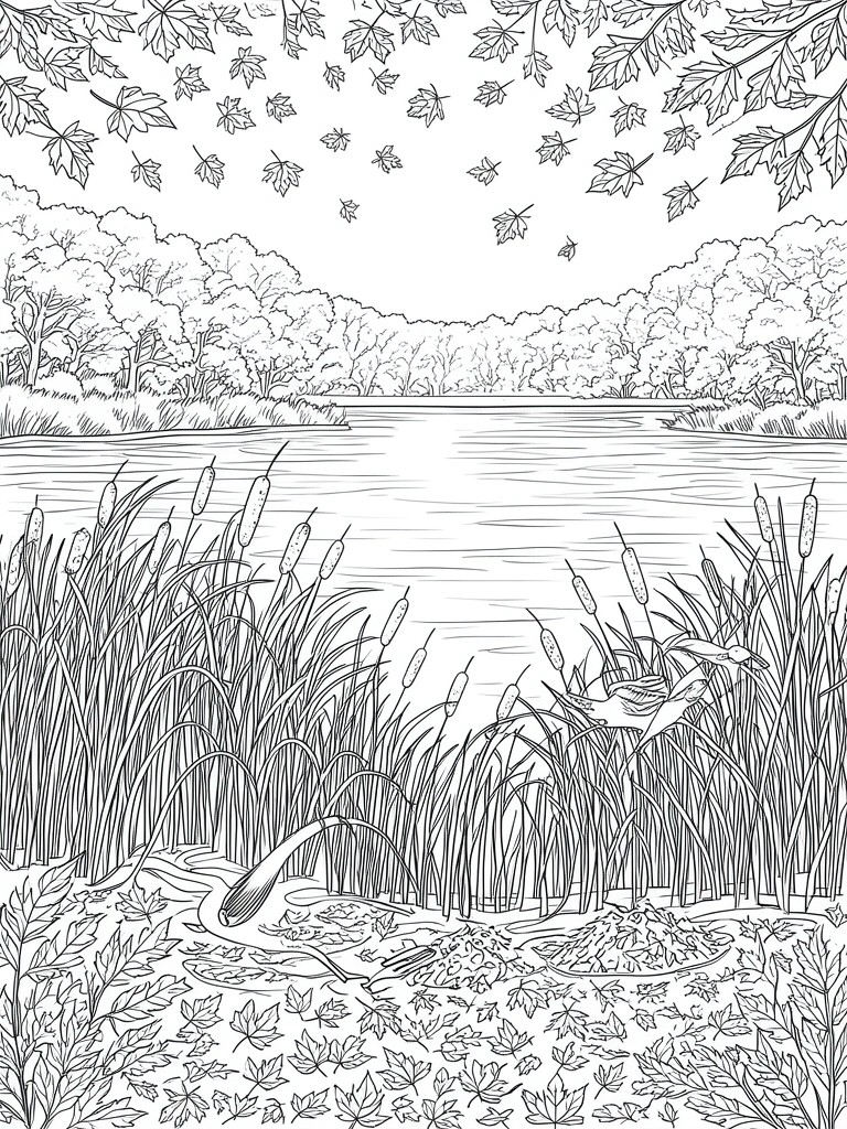 Black-and-white line art of lakeside reeds, cattails, trees, and falling autumn leaves.