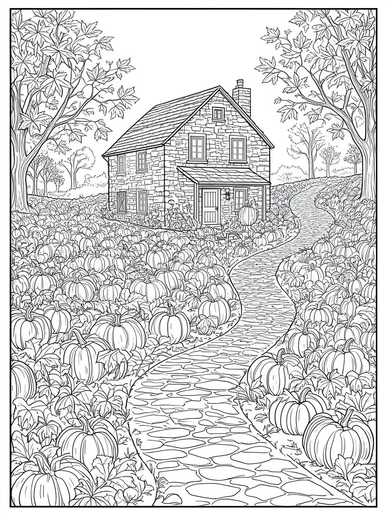 Black-and-white line art of a stone house amid pumpkins with a winding path.