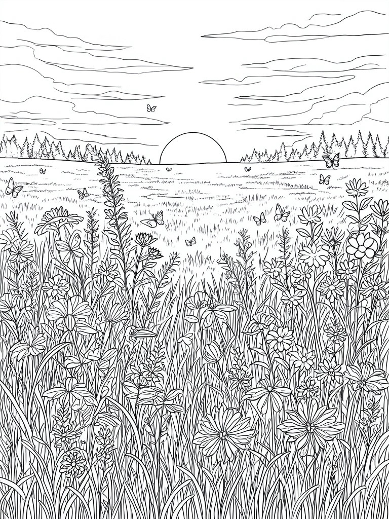 Line art meadow with wildflowers, butterflies, grass, and setting sun over trees.