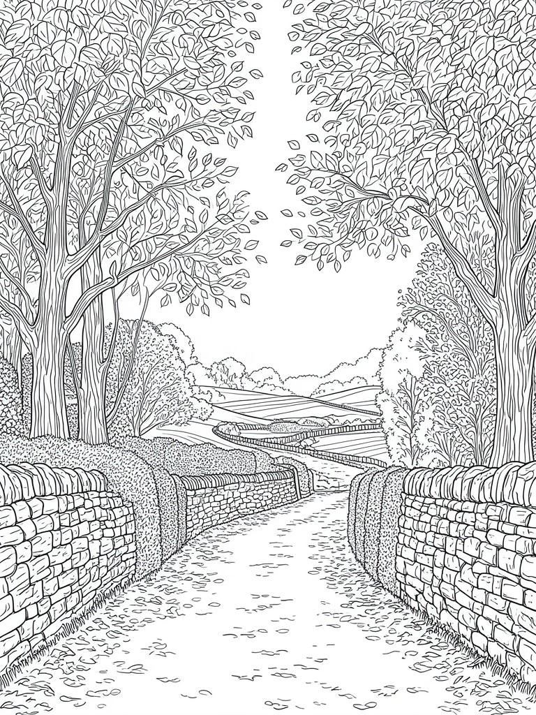 A black and white line drawing of a winding path between stone walls and trees leading toward rolling fields and hills.