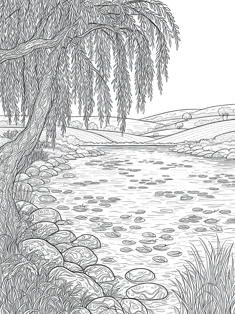 Black and white line drawing of a weeping willow tree beside a river with rocks and lily pads, rolling hills in the background.