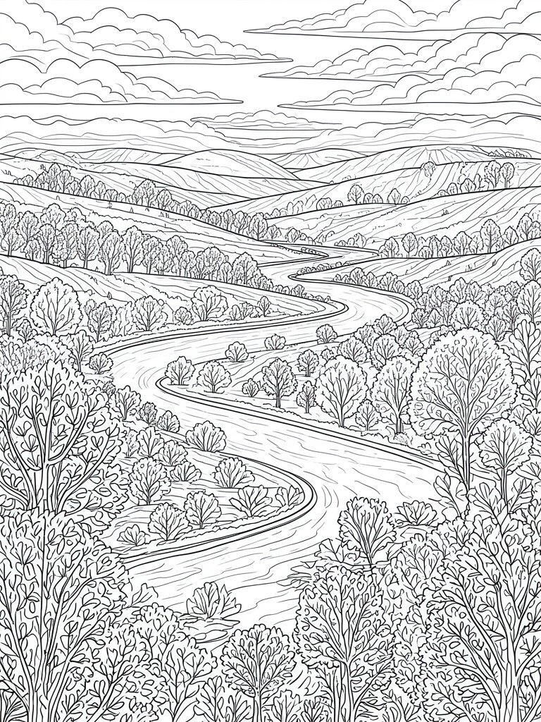 Detailed line art of a winding river through forested hills and rolling valleys.