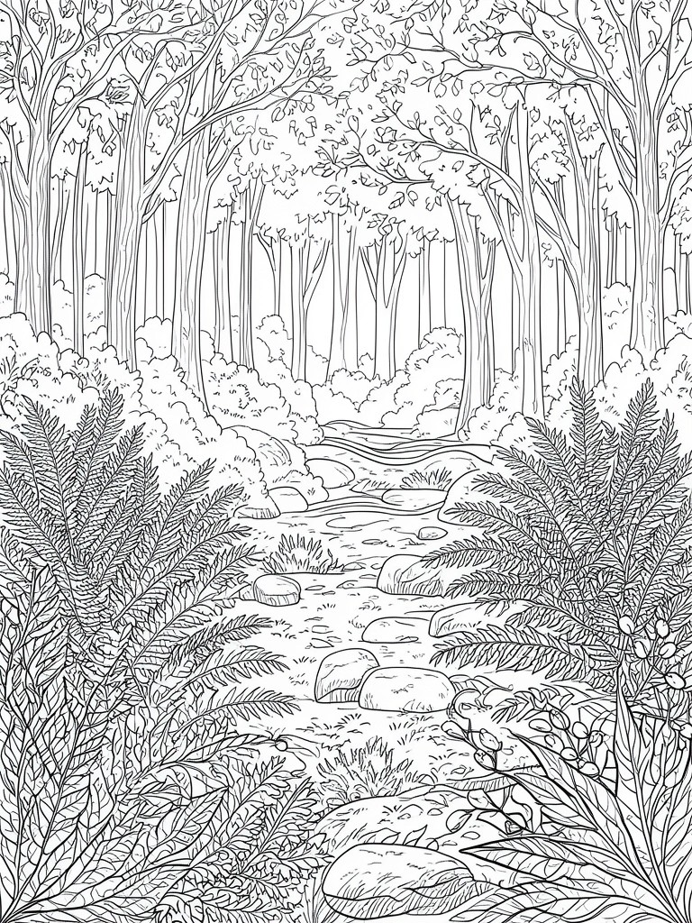 Black and white line drawing of a stream winding through a forest.