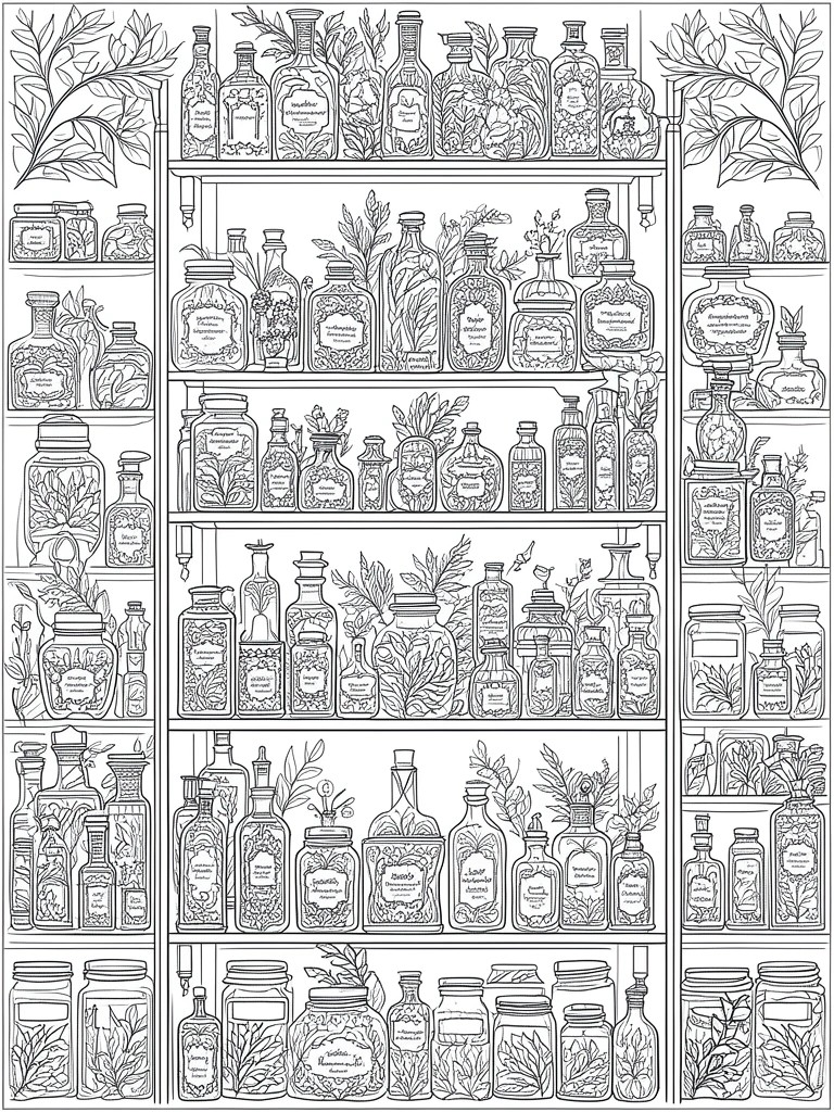 A black and white line drawing of multi-level shelves filled with labeled bottles and jars containing plants.