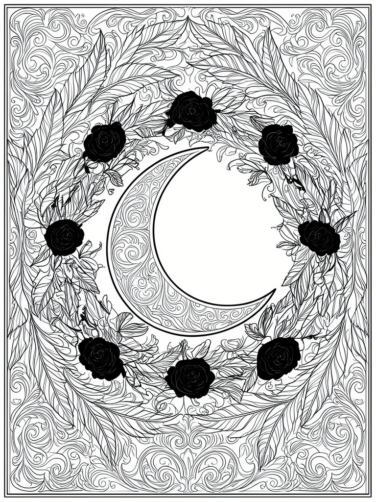 Ornate black-and-white line art of crescent moon ringed by roses and swirling leaves.