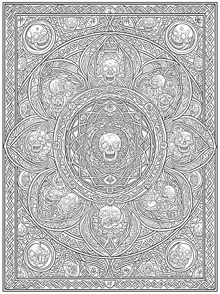 Intricate black-and-white mandala with skulls and geometric symbols in circular symmetry.