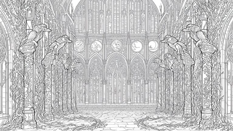 23 Creative Printable Gothic Coloring Pages to Build a Dark Coloring Collection A black and white line drawing of a long gothic hall with arched ceilings, pillars topped by animal statues, and vines climbing the stonework.