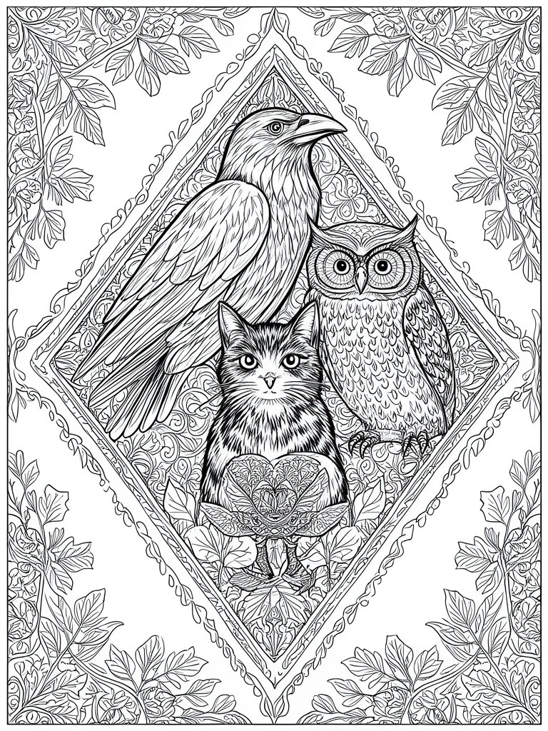 A black and white line drawing of a raven, owl, and cat grouped inside a diamond frame with decorative borders and leaf patterns.