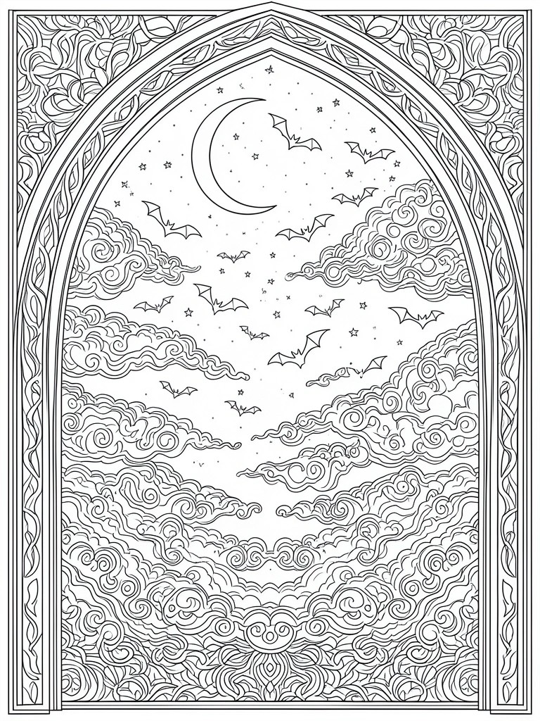 Ornate arched frame with bats, crescent moon, stars, and swirling clouds in line art.