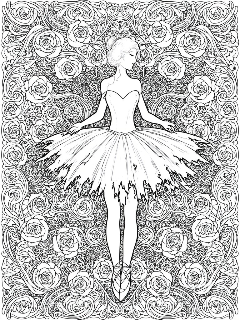 A line drawing of a ballerina in a tutu with roses and ornate swirls filling the background.