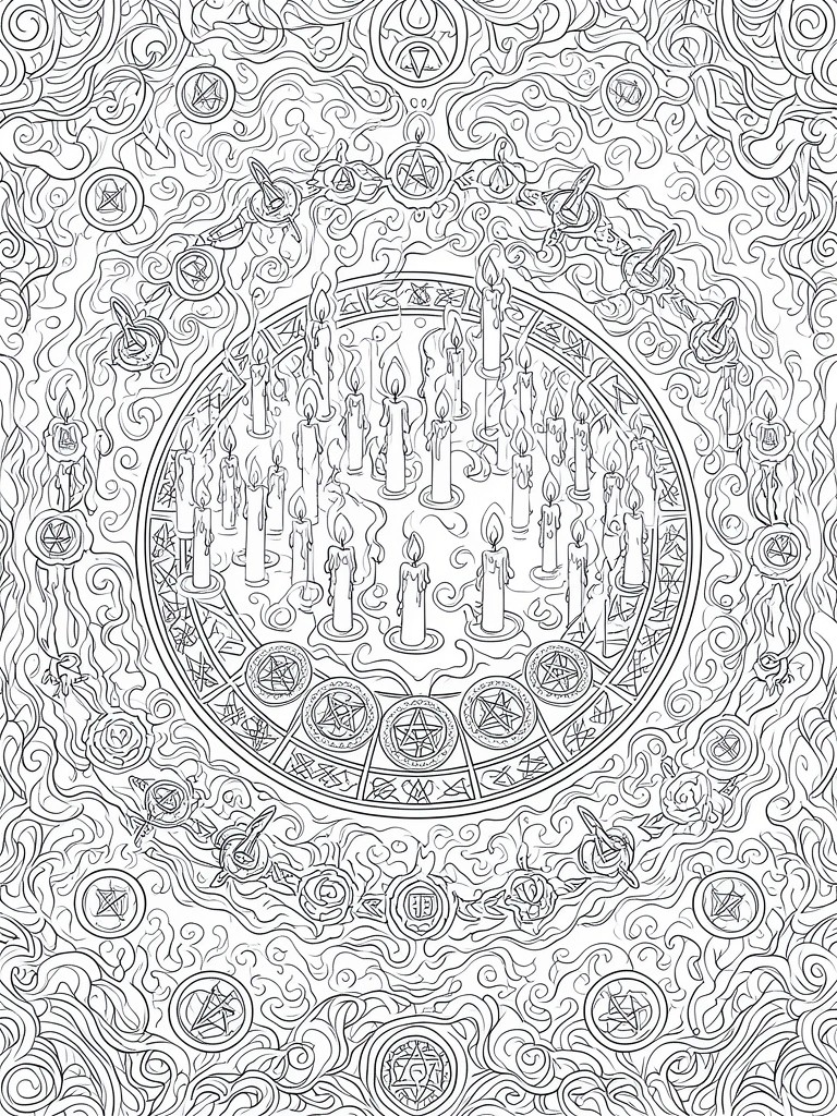 Detailed black-and-white mandala of candles, pentagrams, swords and swirling symbols.