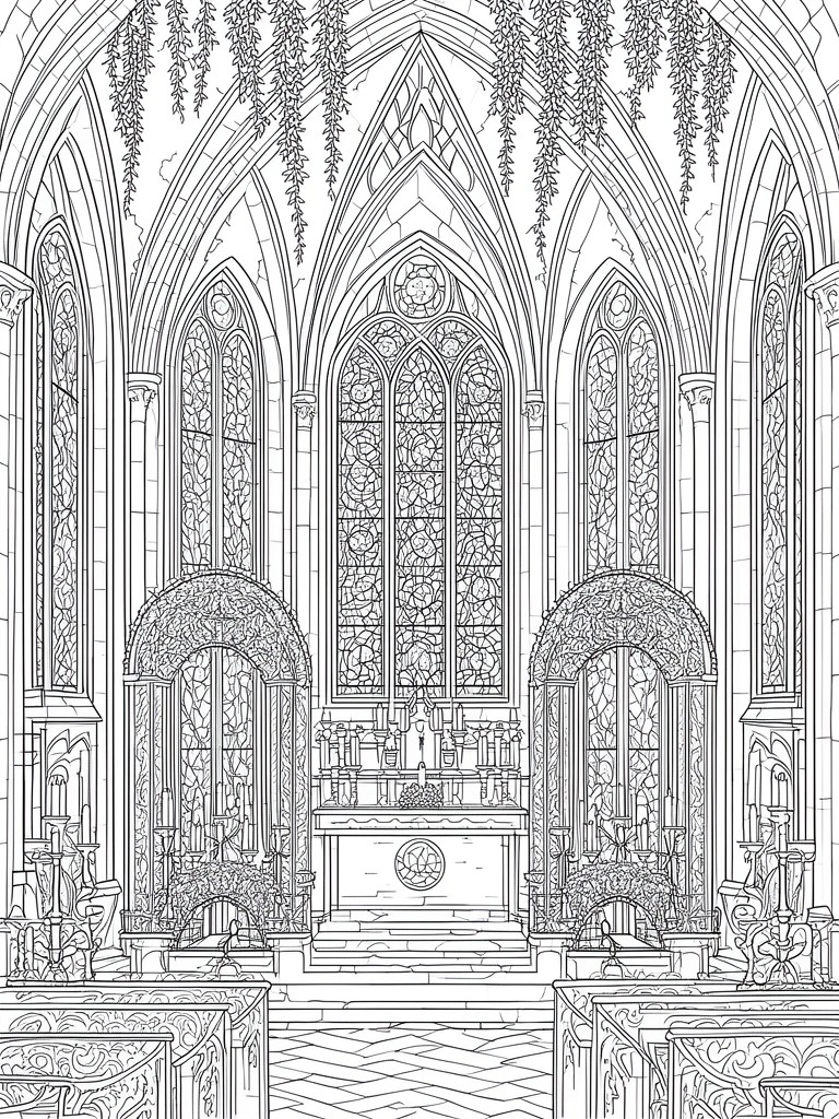 Gothic cathedral interior line art with stained glass windows, arches, and candlelit altar.
