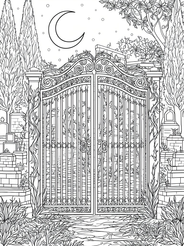 Ornate wrought-iron gates open to moonlit cemetery with tombstones, trees, and crescent moon.