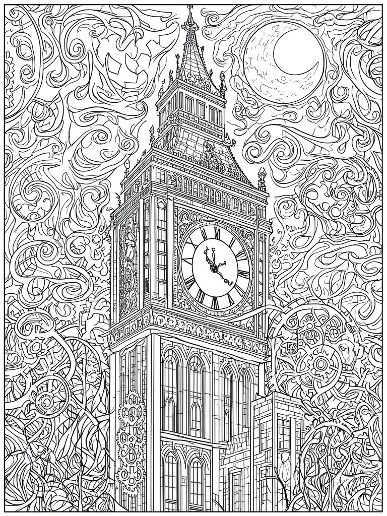 A black and white line drawing of a detailed Gothic clock tower with a clock face, surrounded by swirls, gears, and a crescent moon.