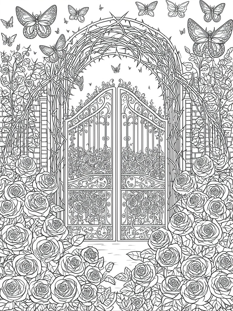 A black and white line drawing of an open ornate gate covered in roses, with a thorny arch above and butterflies around the scene.