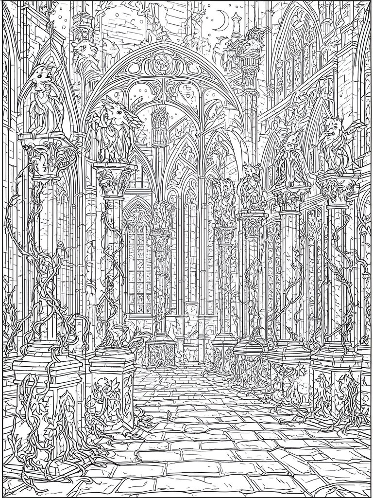 A black and white line drawing of a long gothic hall with arched ceilings, pillars topped by animal statues, and vines climbing the stonework.