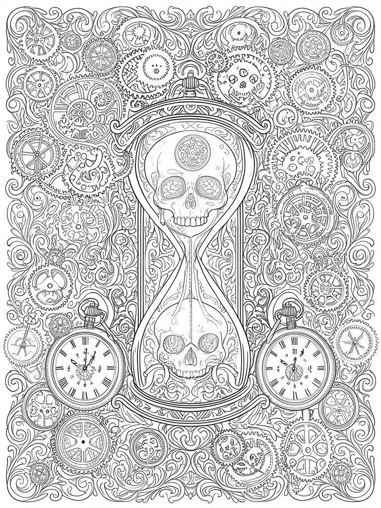 Detailed black-and-white line art of skull hourglass amid gears and pocket watches.