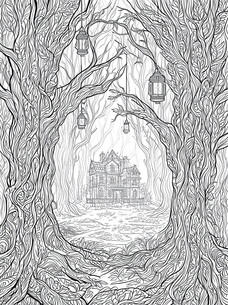 Intricate line art of a haunted mansion framed by twisted trees and hanging lanterns