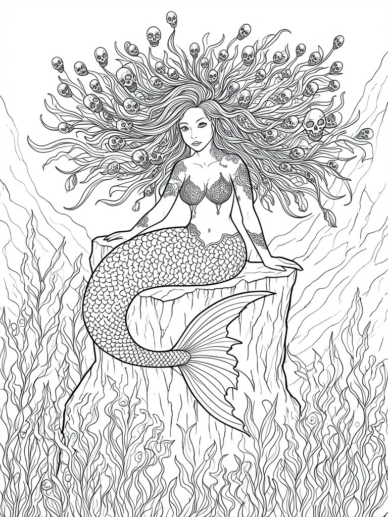 Black and white line art of a mermaid with skull-filled hair sitting on a rock in an underwater scene with seaweed.