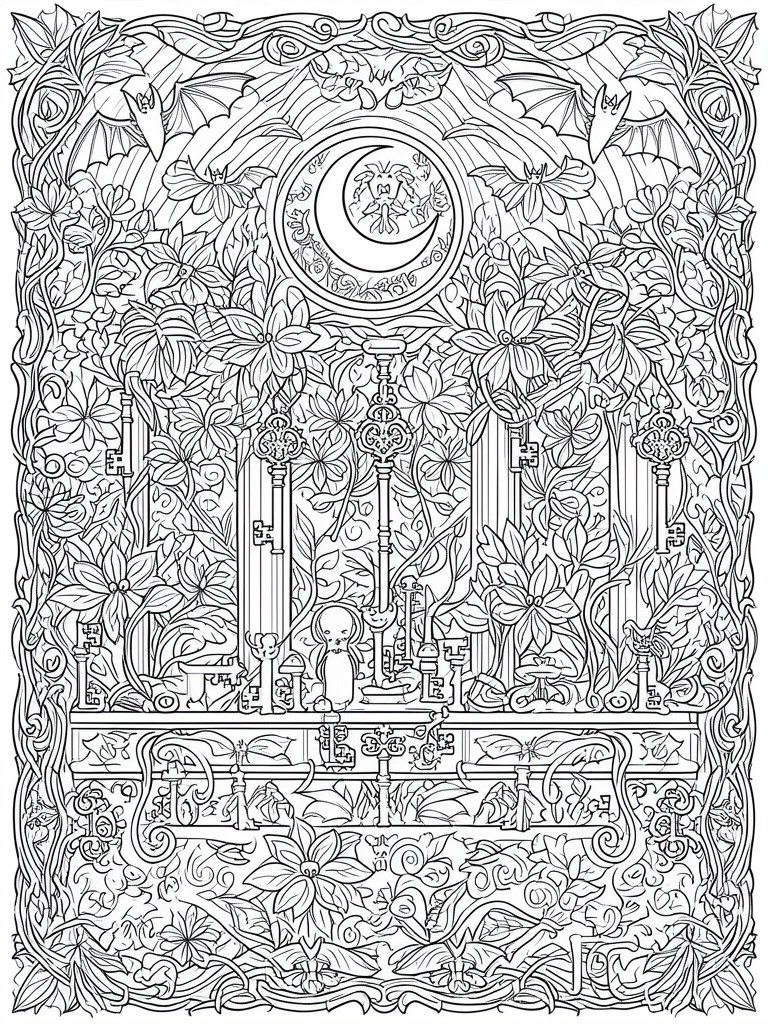 A black and white line drawing of a gothic scene with a crescent moon, bats, ornate keys, flowers, vines, and a small creature at the bottom.