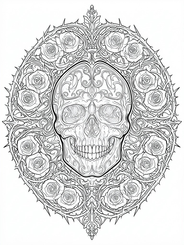 Ornate skull mandala with roses and thorny vines in black and white line art.