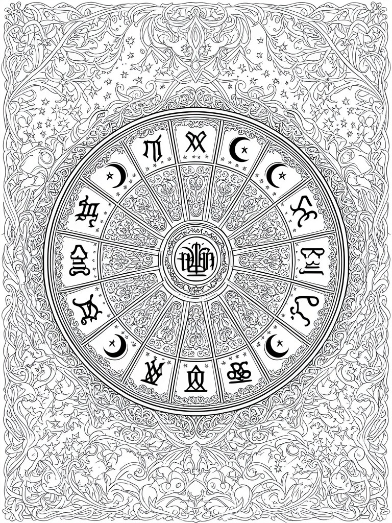 Intricate black-and-white zodiac wheel with astrological signs and ornate celestial border.
