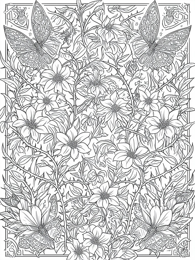A black and white line drawing of a dense garden filled with flowers and large detailed butterflies inside a decorative border.
