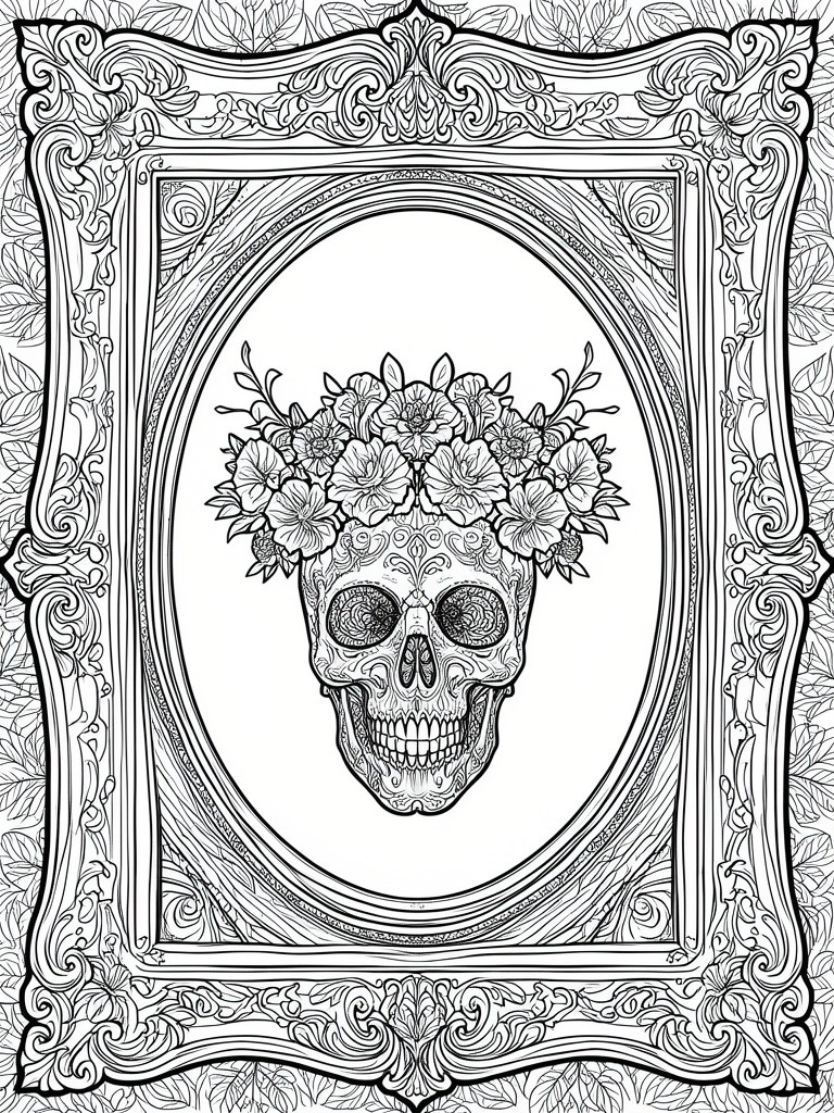 Black and white line art of flower-crowned skull in ornate decorative frame.