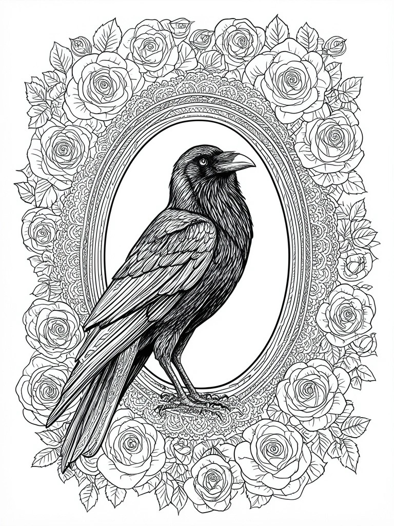 A black and white line drawing of a raven inside an ornate oval frame bordered by roses.