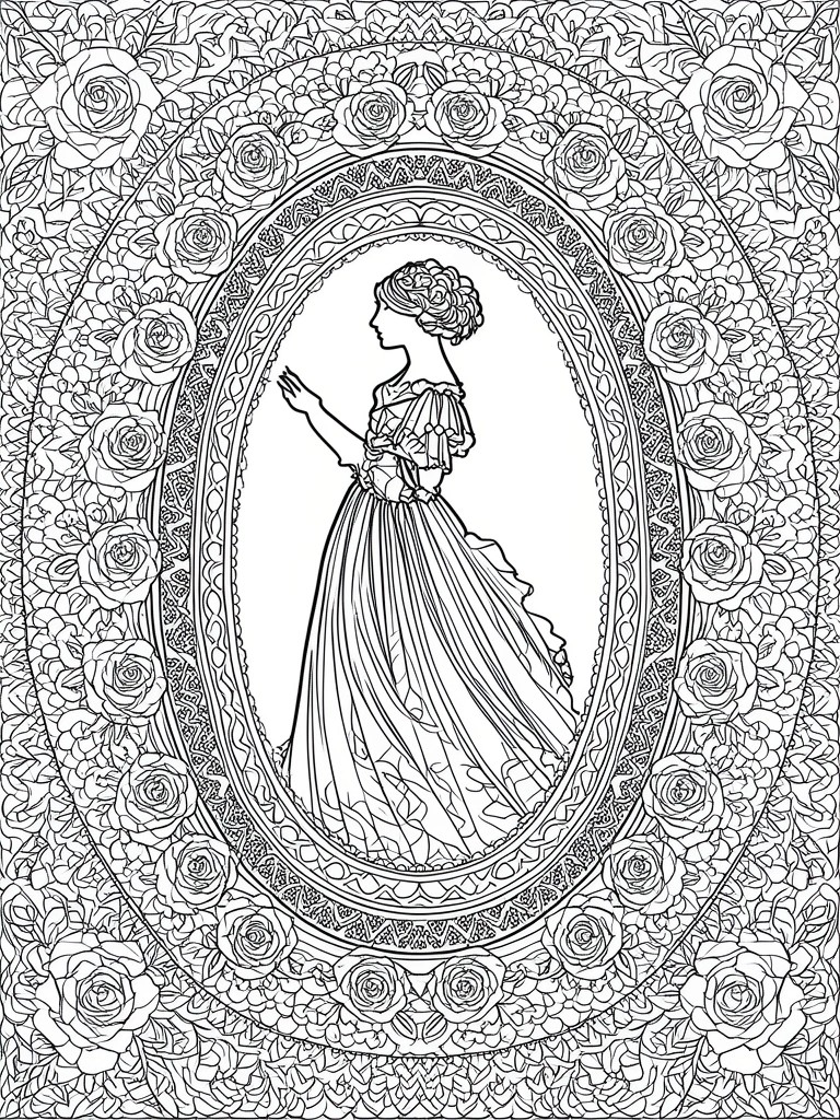 Line art of Victorian woman in gown inside ornate rose-framed oval border.