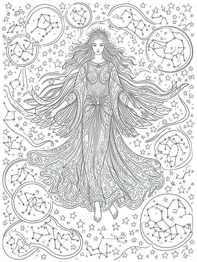 Celestial woman with flowing gown amid stars and constellation circles