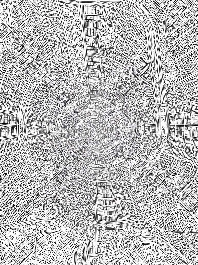 Intricate black-and-white line art of a spiraling circular library with endless bookshelves.