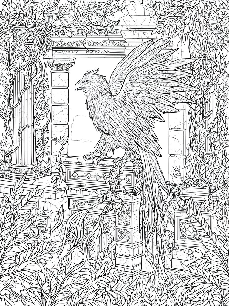 Majestic eagle with spread wings perched on vine-covered ancient stone ruins in line art.