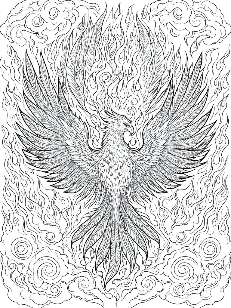 Line drawing of a phoenix with spread wings surrounded by flames and cloud swirls.
